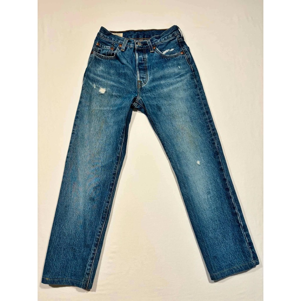 Levis 501 Original Fit Straight Leg Jeans Big E Distressed W24 L32 Button Fly